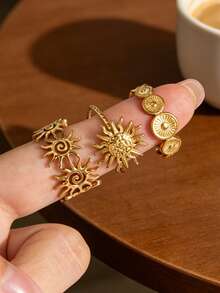 3pcs Flame Sun Pattern Gold-Plated Stainless Steel Ring Set, Open Women's Gold Rings, Jewelry For Women, Rust-Proof Rings For Summer And Autumn, Holiday Gift For Girlfriend - 3pcs - View 12