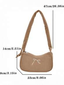 1 buah Tas Tangan Ringan Bordir Pita, Tas Bahu Corduroy Warna Polos, Tas Bulan Sabit dengan Tali Kerut, Tas Lengan dengan Resleting, Dekorasi Simpul Pita, Cocok Untuk Anak Perempuan/Anak-anak/Pelajar, Cocok Untuk Perjalanan Sehari-hari/Jalan-jalan/Belanja/Pakaian - Beraneka warna - View 2
