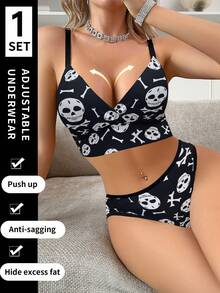 Halloween Print Design Women's Bra And Panty Set, Wireless Thin Sports Lingerie Set - Black - View 4