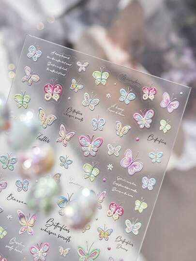 1pc/2pcs 5D Colorful Butterfly Nail Art Stickers, Dopamine Gradient Painted Stickers, Elegant Skin-Flattering Women's DIY Decorative Stickers, Waterproof Self-Adhesive, Suitable For Phone Cases, Cameras, Water Cups, Makeup Mirrors