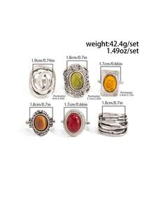 6pcs/Set Bohemian Style Geometric Hollow Carved Inlaid Faux Gemstone Multi-Layer Wrapped Stackable Rings, Elegant & Luxurious, Suitable For Daily Casual, Party, Gathering, Vacation, Travel, Couple Date, Women's Holiday Birthday Versatile Jewelry Ring Gift - Ring - View 4