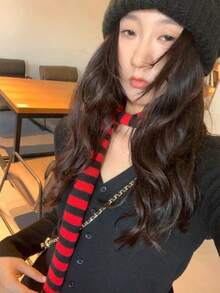 1pc Striped Thin Knit Scarf, Unique Sausage Shape, Atmospheric Decorative Narrow Scarf For Women, Fashion Item - Multicolor - View 14
