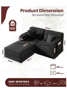 Boneless Sofa Bed - Black - 2-seater With 1 Ottoman - View 3