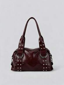 Women's Vintage Punk Style Rivet Shoulder Bag, Large Capacity Faux Leather Tote, Cool Avant-Garde Street Style, Suitable For Commuting, Concerts And Parties - Multicolor - View 5