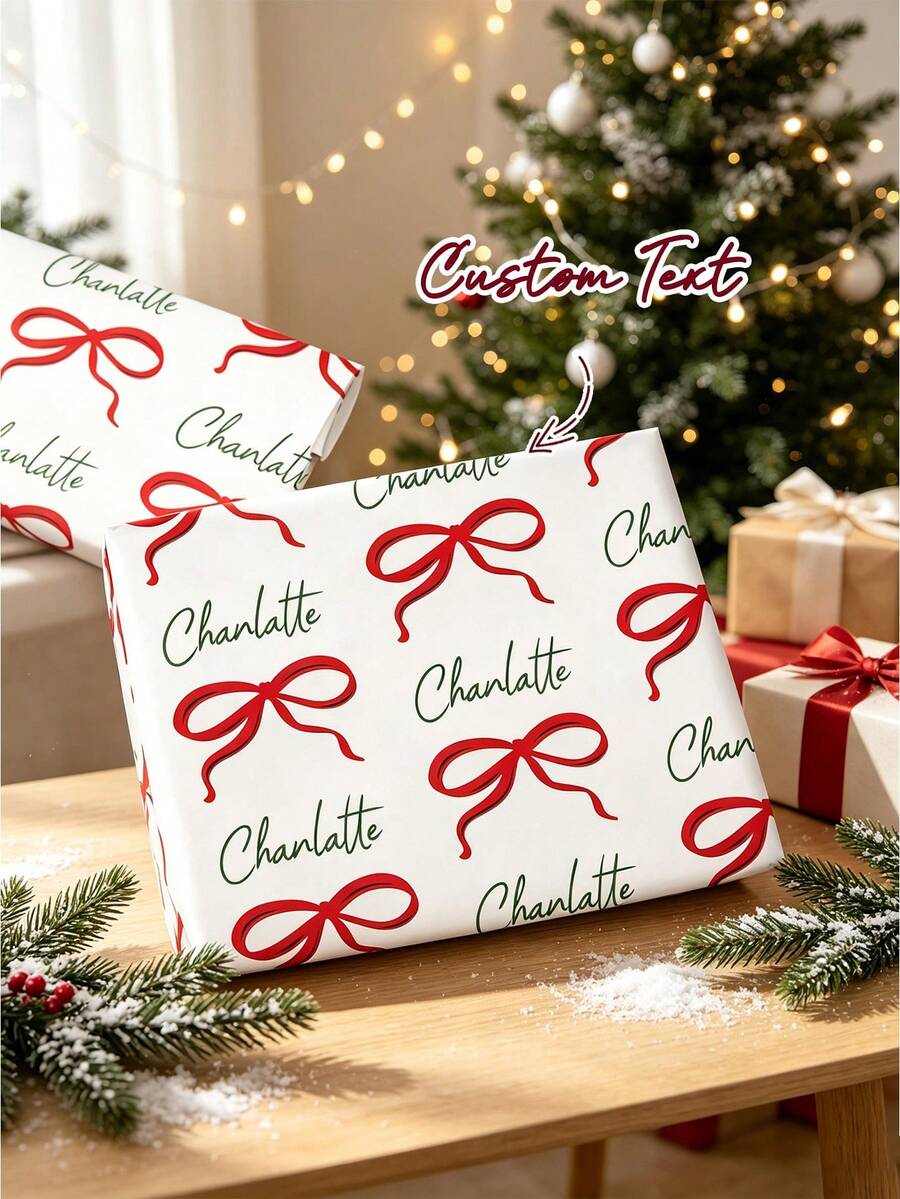 3pcs Custom Text Wrapping Paper With Red Bow Design, Personalized Name/Text Wrapping Paper For Wedding Anniversary Birthday Christmas Thanksgiving, Small Business Gifts Wrap, Golf Gifts Wrap - Multicolor - View 1