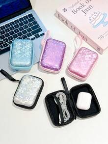 Holographic Shell Texture Hard EVA Storage Box, Portable Zipper Digital Storage Bag, Suitable For Earphones, Data Cables, Chargers, Small Electronic Accessories, With Hanging Strap Travel Organizer - Multicolor - View 1