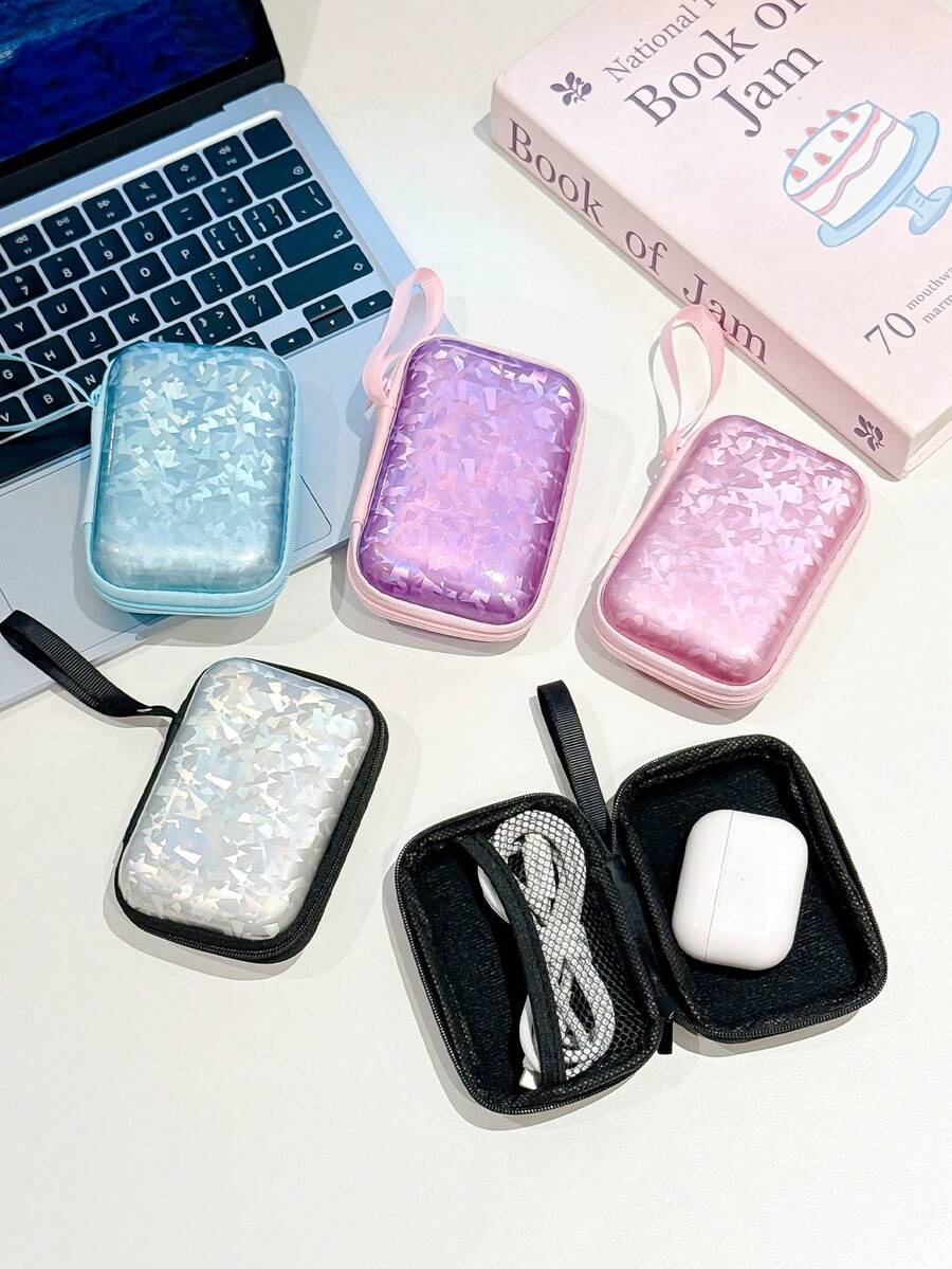 Holographic Shell Texture Hard EVA Storage Box, Portable Zipper Digital Storage Bag, Suitable For Earphones, Data Cables, Chargers, Small Electronic Accessories, With Hanging Strap Travel Organizer - Multicolor - View 1