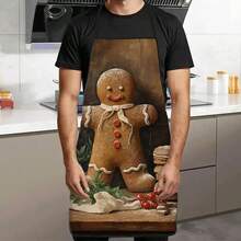 1pc Christmas Vintage Oil Painting Gingerbread Man Print Apron, White Ribbon Frosting Gingerbread Man With Cookie Berry Greenery Pattern, Durable Cooking Apron Suitable For Bakers, Cake Decorators, Baking Enthusiasts, Vintage Atmosphere Christmas Holiday Gift - Multicolor - View 4