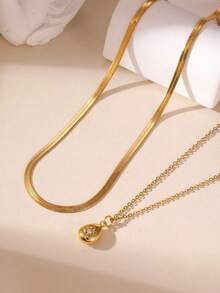 2pcs 18k Gold Plated Stainless Steel Double Layer Stacked 8-Point Star Zirconia Water Drop Pendant Snake Chain Necklace - Gold - View 5