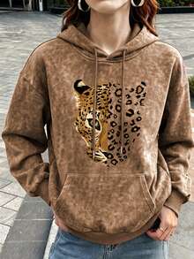 Women's Drawstring Pocket Hooded Sweatshirt, Washed Marble Pattern Leopard Face Heart Patchwork Print, Soft Fabric, Autumn Casual Loose Oversized Sweatshirt - Mocha Brown - View 4