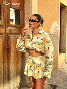 Roviva Women's Autumn/Spring New Bohemian Vintage Striped 2 Pieces Set, Button-Up Striped Shirt + Striped Mini Skirt, Suitable For Beach, Party, Outdoor Street Photography, Daily Wear, Dating, Back To School Season, Teacher's Day, Commuting, Office, Casual Vacation, Music Festival - Yellow - View 2