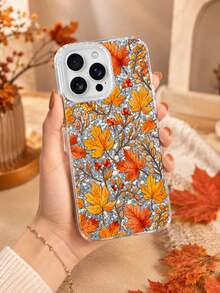 Shiny Autumn Leaf Phone Case - Transparent Base With Rhinestones And Hand-Painted Maple Leaf Pattern, Fashionable Anti-Drop Protective Cover, Aesthetic Mori Style, Compatible With IPhone 18/17/16/15/14/13 Pro Max And More Models - Black - View 1
