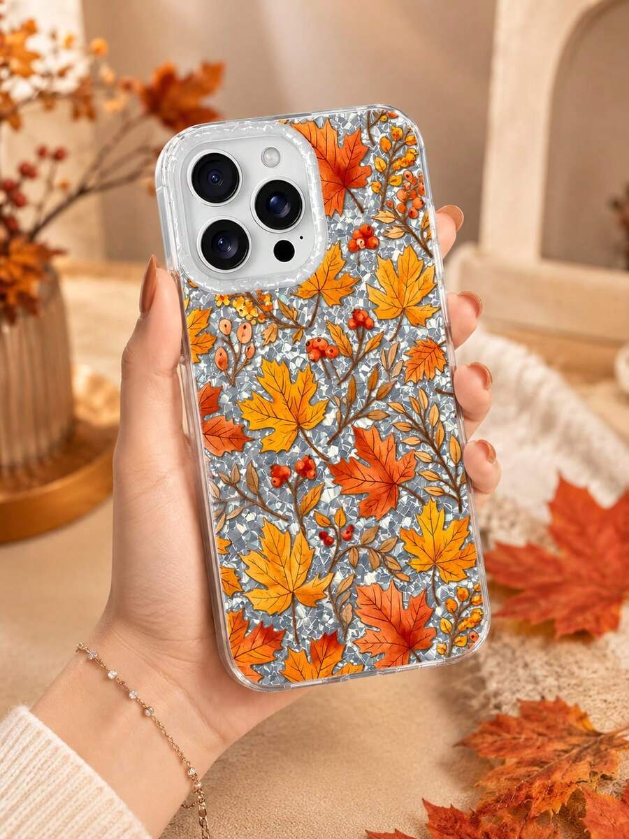 Shiny Autumn Leaf Phone Case - Transparent Base With Rhinestones And Hand-Painted Maple Leaf Pattern, Fashionable Anti-Drop Protective Cover, Aesthetic Mori Style, Compatible With IPhone 18/17/16/15/14/13 Pro Max And More Models - Black - View 1