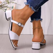 Women's White Square Toe Chunky Heel Sandals, Metal Buckle Decor, Comfortable Versatile Mid-Heel Sandals For Commute, Date, Outing - White - View 6