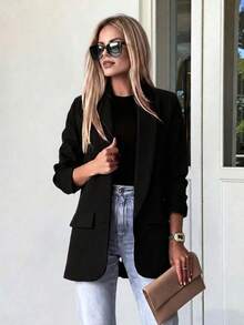 Women's Black Polyester Long Sleeve Regular Fit Long Blazer, Elegant Autumn Professional Attire, Exuding Noble Elegant Fall - Black - View 2