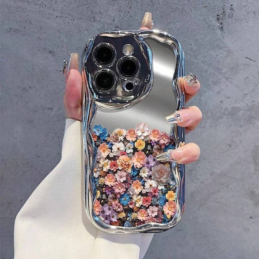 Holographic Half-Screen Floral Phone Case Compatible With Apple 16 15 14 Pro Max 13 12, Electroplated Mirror Finish, Shockproof - Multicolor - View 1
