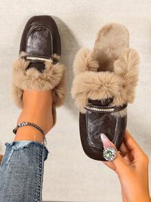 New Autumn/Winter Women's Rhinestone Square Toe Slippers, Flat Mule Fur Slides, Soft Sole Non-Slip Comfortable Metal Decor Slip-On Shoes, Minimalist Elegant Versatile For Commute, Office, Daily Wear - Coffee - View 7
