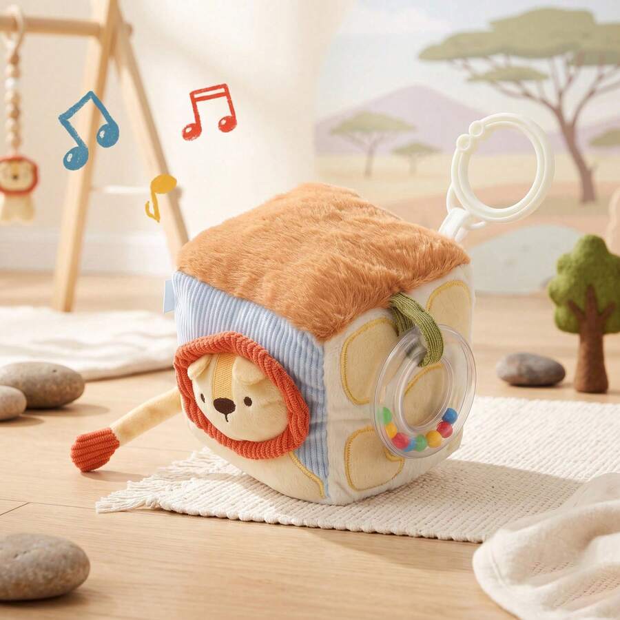Đồ chơi khối hoạt động nhồi bông chủ đề Savanna, khối vải mềm đa giác quan với bóng lục lạc, gương cho bé và vòng treo, đồ chơi giáo dục cảm giác nhận thức cho trẻ sơ sinh