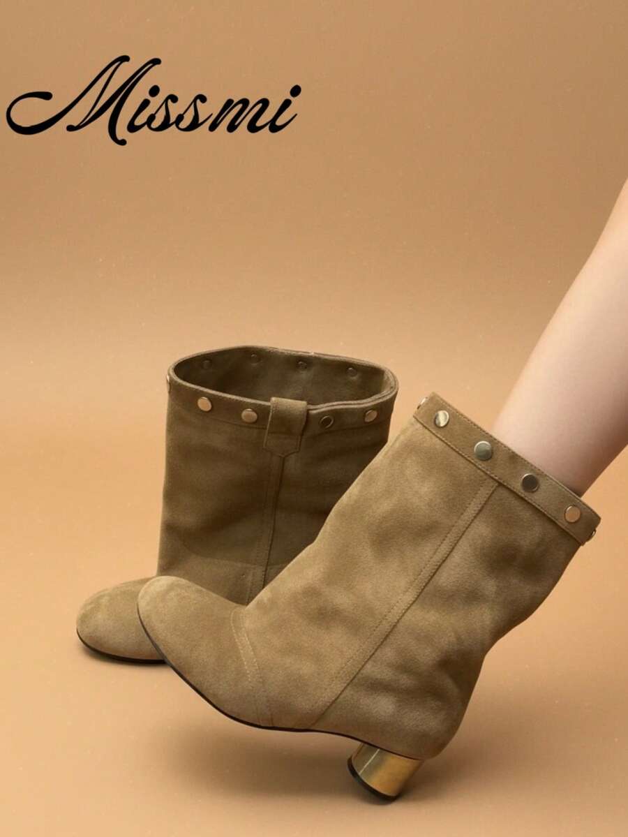 Slimming British Style Thick Sole Boots Women 2026 New Chunky Heel Retro Western Tall Tube Boots - Khaki - View 1