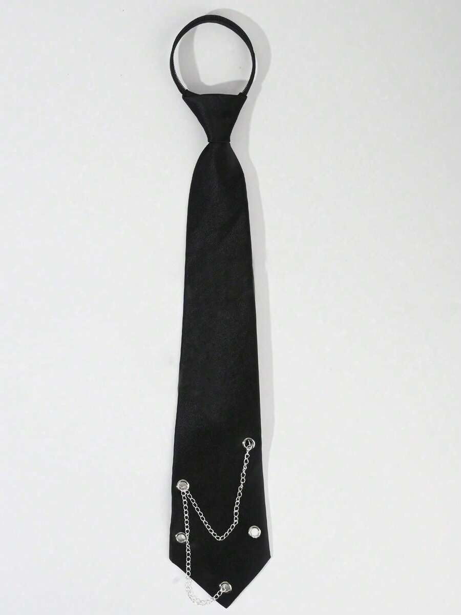 1pc Men's Pull-Up Tie, Business Tie, Simple Solid Color Formal Tie - Black Eyelets - View 1