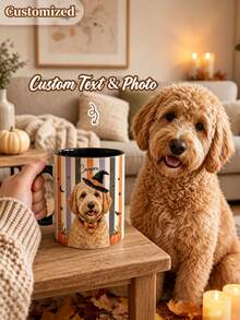 Customized Halloween Pet Portrait Mug, Personalized Watercolor Dog Cat Photo Cup, Striped Pet Lover Gift, Watercolor Pet Mug, Halloween Gift - Multicolor - View 2