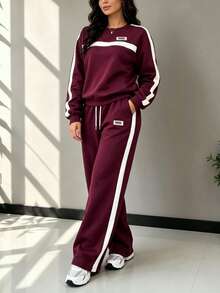 Spring/Autumn Casual Fashion Commuter Set For Women, Versatile Contrast Color Top With Striped High Waist Drawstring Loose Straight Leg Pants Elegant - Burgundy - View 2