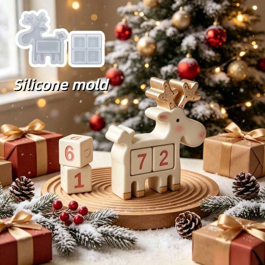 2pcs DIY Clay Mold Christmas 2-Piece Set Reindeer Calendar Block Silicone Mold Set, Resin Silicone, Home Decor, Handicrafts, Plaster Cement Mold, Reusable, Easy To Demold, Holiday, Birthday Gift. Silicone Mold For Casting. - Silicone Mold - View 1