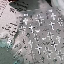 2 Sheets 5D Halloween Gothic Nail Stickers, 2PCS Vintage Lace Cross, Bow & Letter Nail Decals, Silver Rivet Texture Self‑Adhesive Dark Punk Y2K Nail Art Stickers, Retro Religious Cross Pattern Nail Decor Accessories For Halloween Cosplay Daily DIY - Multicolor - View 5