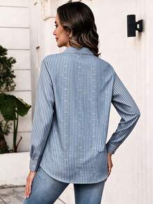 Women's Striped Print Front Button Shirt, Long Sleeve Top, Suitable For Office, Work, Home, Daily, Business Commute, All Seasons - Blue - View 2
