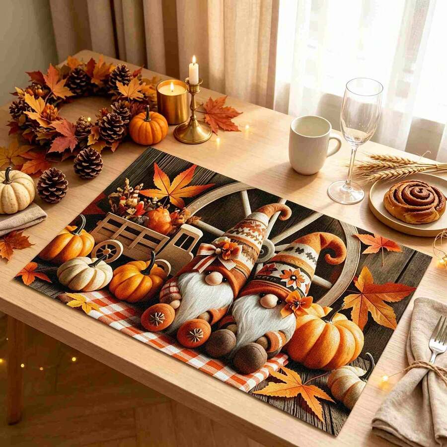 1/4/6pcs Autumn Series Carriage Elf Pumpkin Pattern Printed Placemats, Heat Resistant Table Mats For Home Kitchen/Table Protection, Kitchen Dining Table Party Decor