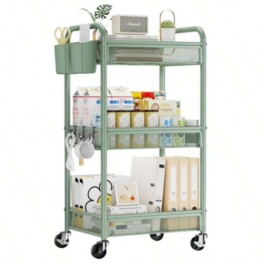 Linlin Stationery Store 3 Tier Metal Rolling Cart, Utility Storage Cart With Wheels - Green - View 1