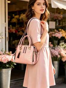 Tas Tangan Wanita Motif Buaya Mengkilap Kulit Paten Hijau dengan Pegangan Atas, Tas Selempang Bahu yang Dapat Dilepas dengan Liontin Rumbai - Hijau - View 6