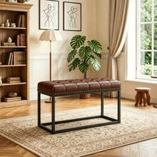 36" Vintage Upholstered Bench With Button Tufted Faux Leather Seat, Industrial Metal Frame Dining Bench For Entryway, Bedroom, Living Room, Or End Of Bed - Brown - View 5