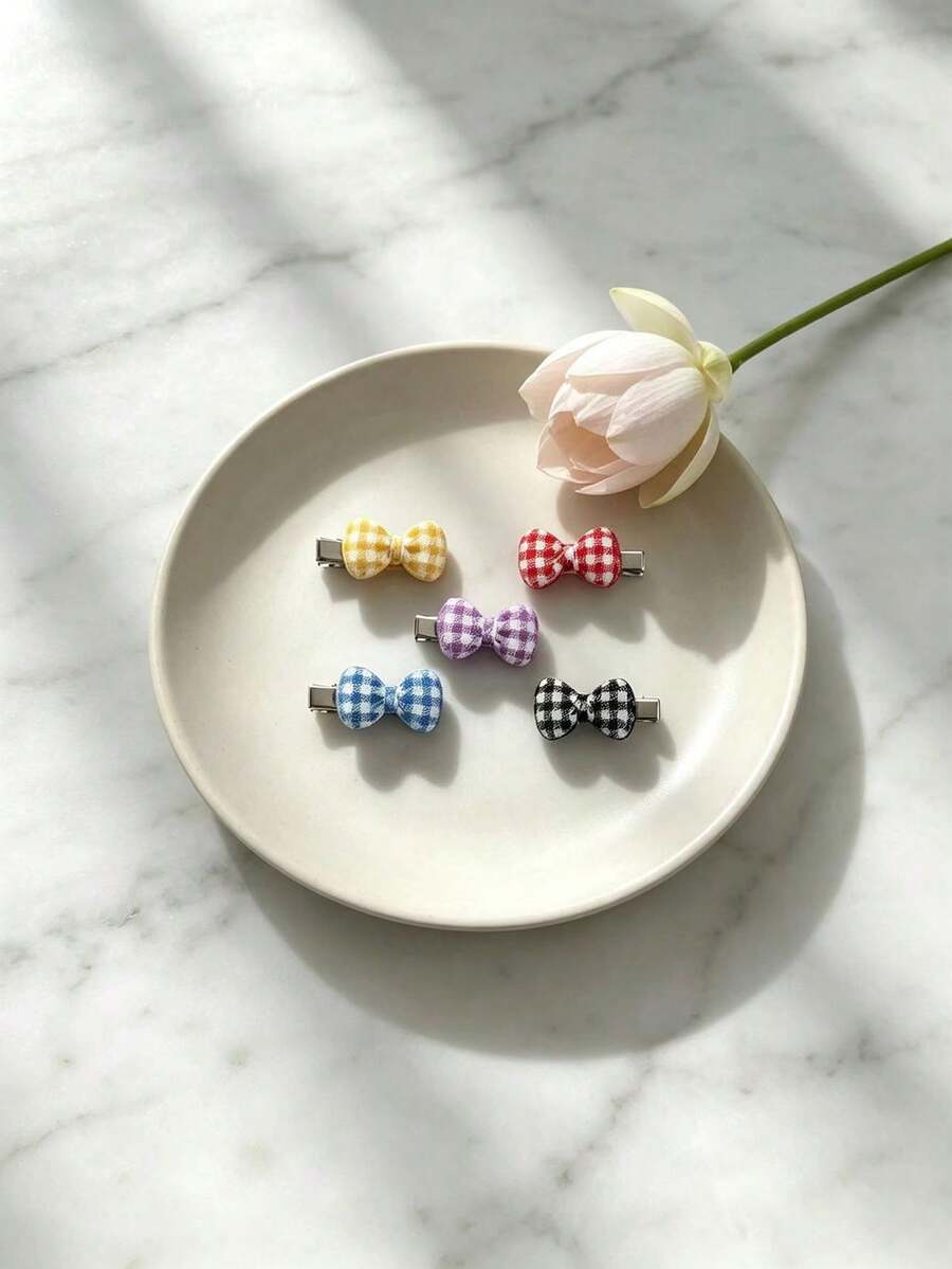 5pcs Colorful Plaid Bow Hair Clips, Sweet Bangs Clips For Women, Non-Damaging Side Hair Accessories - Multicolor - View 1