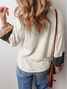 Women's Bohemian Textured V-Neck Long Sleeve Top, Drawstring Detail, Raglan Sleeve Plus Size Blouse, Autumn/Winter - Beige - View 4