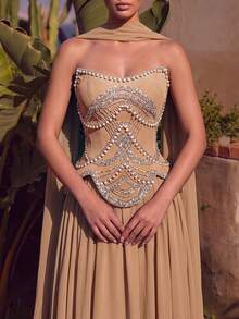 LUVISTRUE Women's Elegant Charming Romantic Formal Evening Gown, Backless Strapless Beaded Zipper Design, Cocktail Party Gala Graduation Dress - Champagne - View 1