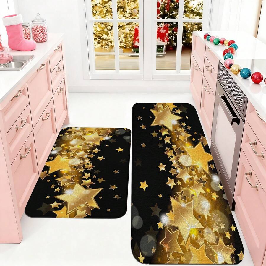 1/2/3pcs Christmas Theme Kitchen Rug, Flannel Kitchen Rug, Comfortable Soft Absorbent Non-Slip Machine Washable With Non-Slip Backing, Multi-Functional Home Floor Mat, Suitable For Doorway, Living Room, Bedroom, Kitchen, Dining Room, Bathroom, Laundry Room, Patio, Entryway, Holiday Christmas Decor Mat - Multicolor - View 1