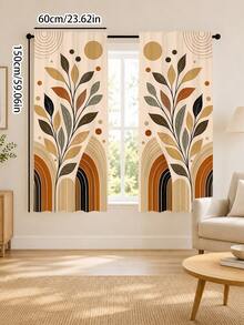 2Pcs Bohemian Autumn Leaf Arch Warm Brown Geometric Sun Polka Dot Print Pattern, Light Luxury Cozy Semi-Sheer Rod Pocket Window Curtains, Suitable For Living Room And Bedroom, Rod Not Included, Machine Washable - Warm Brown - View 11