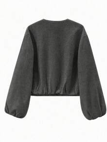 Women Solid Color Zip-Up Short Jacket With Pockets, Casual Long Sleeve Soft Bomber Jacket, Versatile Minimalist Design For Autumn/Winter Spring - Dark Grey - View 4