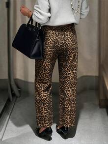 Celana Jeans Denim Wanita Kasual Motif Leopard Model Lurus Pinggang Tinggi Terbaru Musim Gugur/Dingin - Kuning - View 5