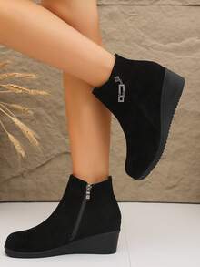 Women's Autumn/Winter Wedge Ankle Boots With Rhinestone Pendant, Side Zipper, Round Toe, Soft Sole, Comfortable Height-Increasing Ankle Boots - Black - View 3