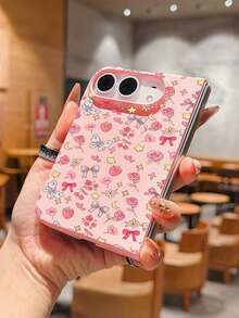 1pc Fashionable, Cute, Simple Skin Feel PC Material Butterfly Flower Element Folding Phone Case, Can Protect And Prevent Falling: SamsungGalaxy Z Fold 8/IPhoneDuo - Pink - View 2