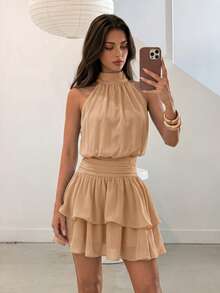 Elegant Fashion Halter Neck Backless Layered Ruffle Mini Dress Wedding Party Fall - Khaki - View 10