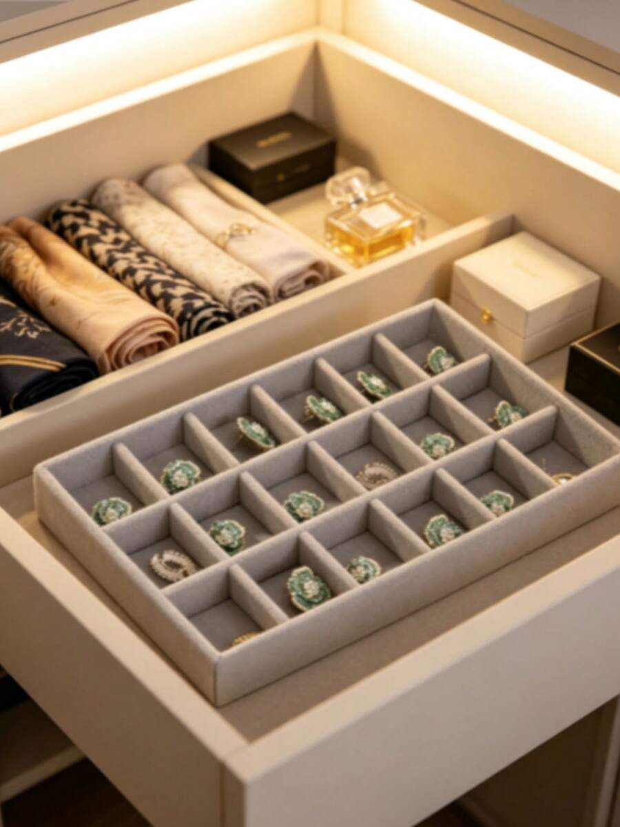 10pcs/1pc Jewelry Tray, Jewelry Storage Tray, Jewelry Display Tray, Stackable Drawer Jewelry Storage Box, Multi-Functional Jewelry And Accessories Display And Storage Box, Velvet Jewelry Tray, Mesh Jewelry Tray, Jewelry Box, Jewelry Storage Box, Drawer Storage Box, Suitable For Earrings, Necklaces, Bracelets, Rings And Other Jewelry Of Various Sizes, Jewelry Storage Box. - Grey - View 1