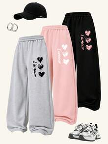 3pcs/Set Sweet Girl Wide Leg Sweatpants, Heart L'amour Letter Print Elastic Waist Loose Long Pants, Spring/Autumn - Multicolor - View 1
