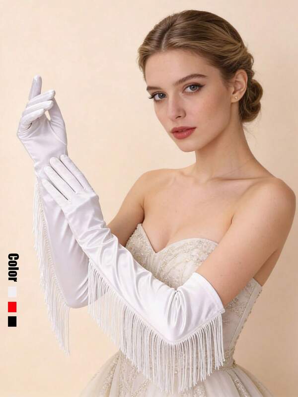 1 Pair Long Tassel Satin Gloves, Latin Dance & Jazz Dance Performance Costume Accessory, Satin Wedding Gloves