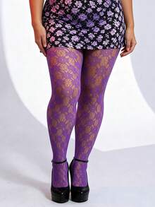 1pc Plus Size Floral Hollow Out Women's Tight Leggings Purple Fishnet Tights Magic Elastic Pantyhose Y2K Stockings Halloween Christmas Outfit, Gothic Style Leggings Back To School College Style Outfit - Purple - View 1