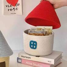 1 Set Cartoon House Shaped Woven Storage Basket With Lid, House Design, Suitable For Home Bedroom Living Room, Large Capacity, Can Store Snacks And Miscellaneous Items, Decorative Accessories, Christmas Storage - Multicolor - View 6