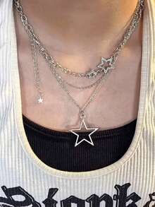 QTHOPE 2 buah Kalung Bintang Besar Berlapis Ganda untuk Wanita, Gaya Peri, Rantai Tulang Selangka INS Hip Hop, Kalung Y2K - Perak - View 1