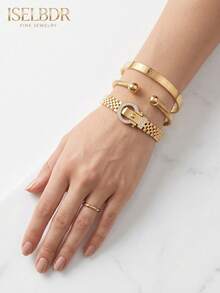 3pcs/Set 18K Gold Plated Stainless Steel Women's Stackable Bracelets, Waterproof & Anti-Oxidation, Roman Numeral Twisted Rope Design, Rhinestone Clasp, Bracelet Jewelry Set, Gift - Multicolor - View 3